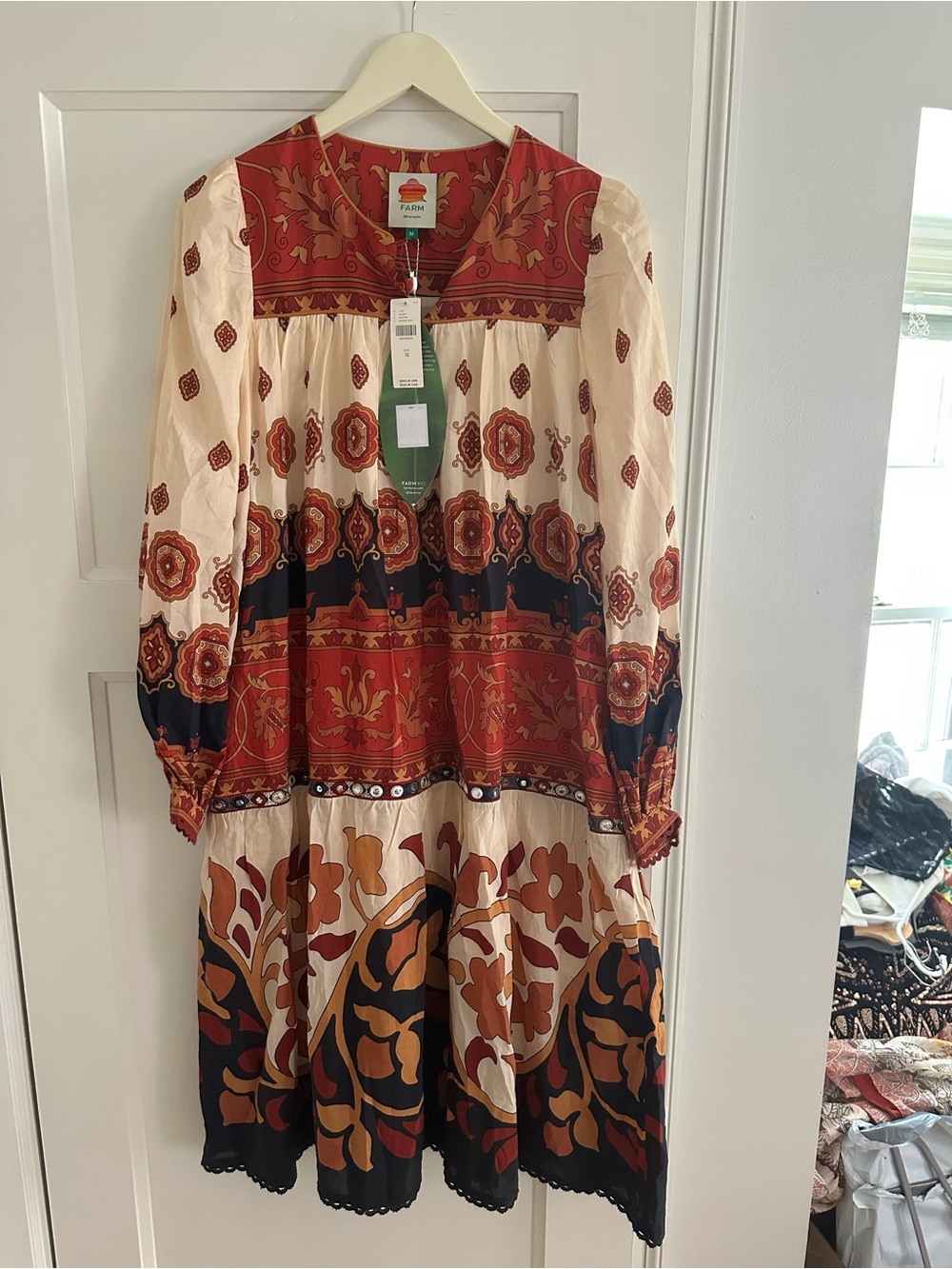 FARM Rio Cream, Rust and Navy Printed Tiered Boho Dress